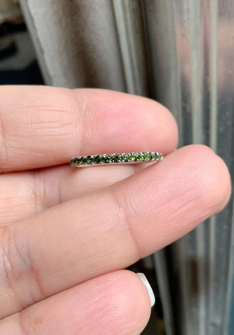 Green Tourmaline Pave Band/ 1.8mm Half Eternity Stacking Ring/ Tourmaline Wedding Band/ October Birthstone Ring/ Push Present Custom Jewelry