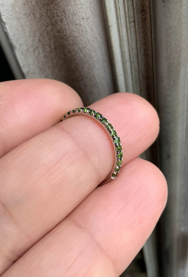 Green Tourmaline Pave Band/ 1.8mm Half Eternity Stacking Ring/ Tourmaline Wedding Band/ October Birthstone Ring/ Push Present Custom Jewelry