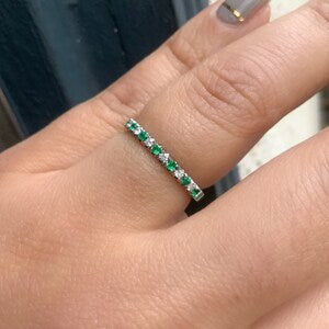 Emerald Diamond 13 Stone Stacking Ring/ 2mm Pave Alternating Diamond Emerald Band/ 13th Anniversary Ring/ Gold or Platinum Birthstone Band