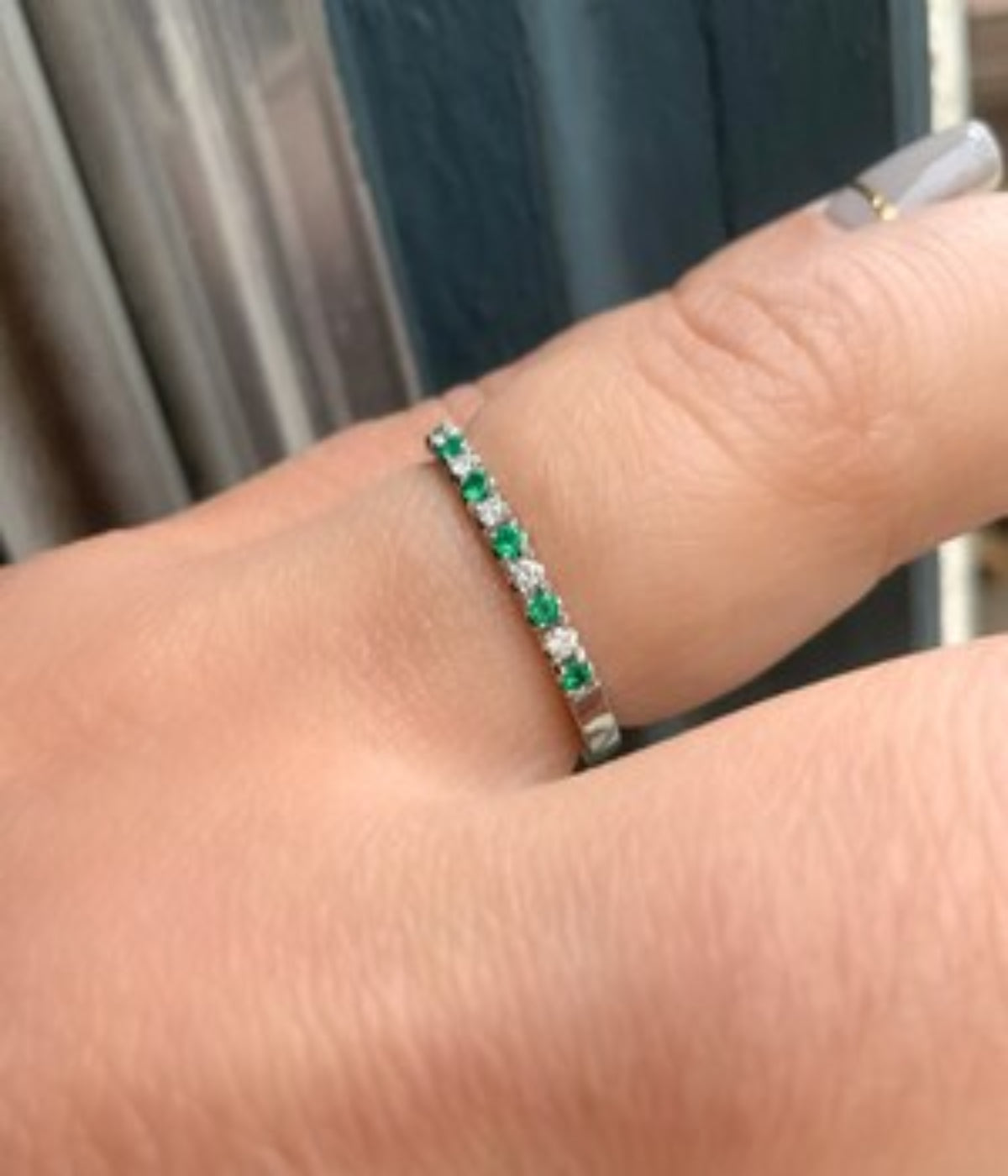 Emerald Diamond 13 Stone Stacking Ring/ 2mm Pave Alternating Diamond Emerald Band/ 13th Anniversary Ring/ Gold or Platinum Birthstone Band