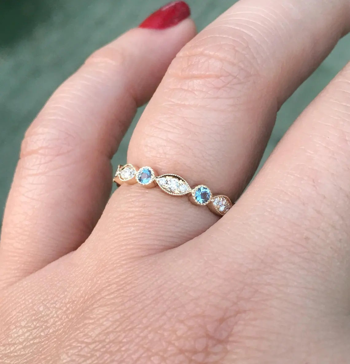 Marquise Dot Diamond Aquamarine Milgrain 3 MM Ring/ Vintage Look Aquamarine Diamond Women's Wedding Band/ Scalloped Stack/ 14K 18K Platinum