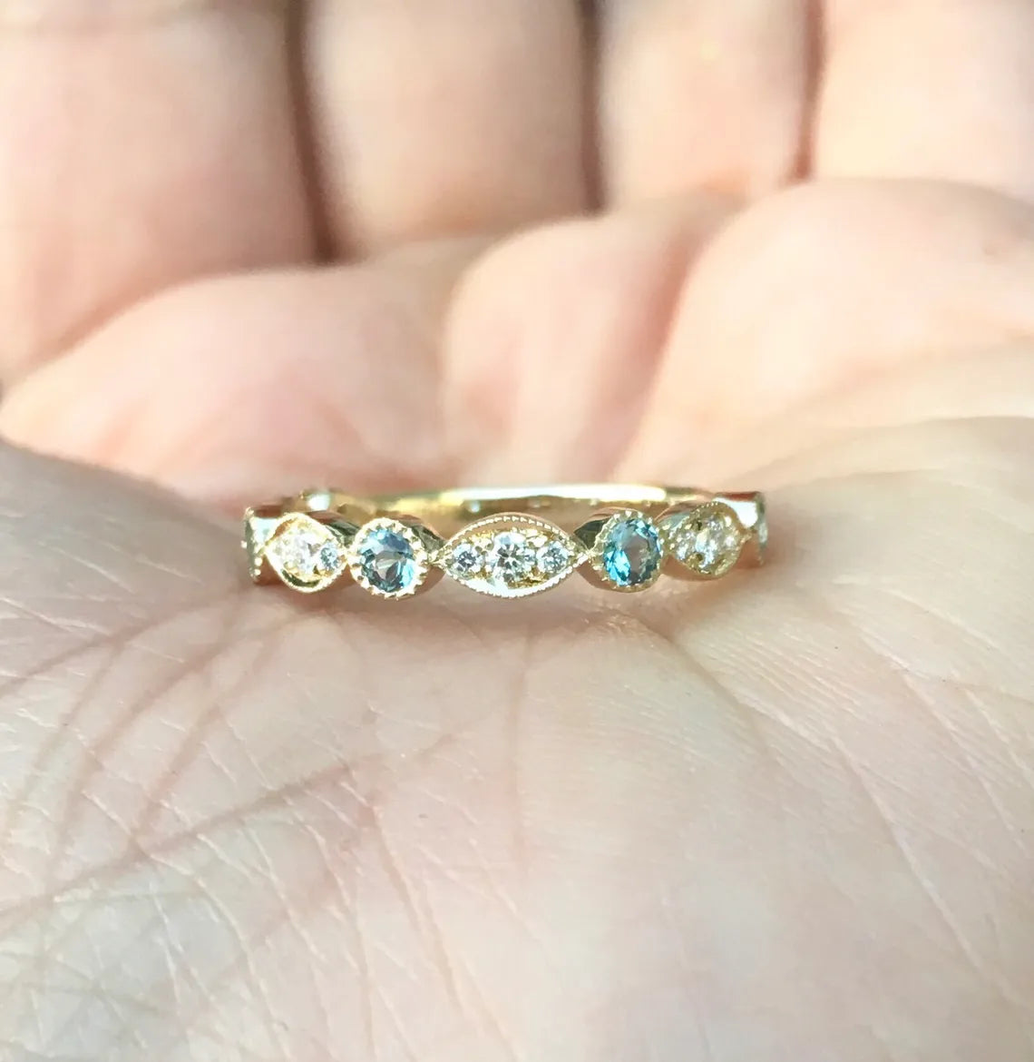Marquise Dot Diamond Aquamarine Milgrain 3 MM Ring/ Vintage Look Aquamarine Diamond Women's Wedding Band/ Scalloped Stack/ 14K 18K Platinum