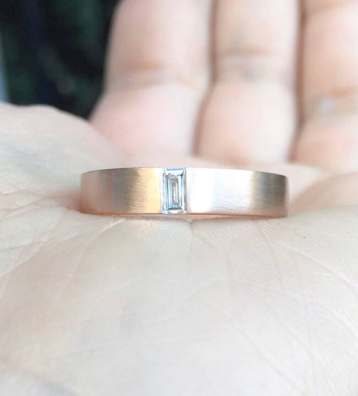 Baguette Diamond Men's Wedding Band/ Unisex Natural Diamond 4mm Band/ Unique Matte Finished Flush Set Ring/ His & Hers/ 10K 14K 18K Platinum