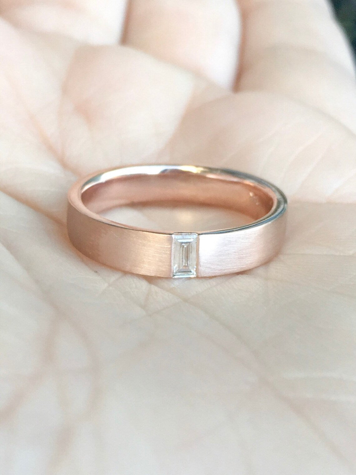 Baguette Diamond Men's Wedding Band/ Unisex Natural Diamond 4mm Band/ Unique Matte Finished Flush Set Ring/ His & Hers/ 10K 14K 18K Platinum