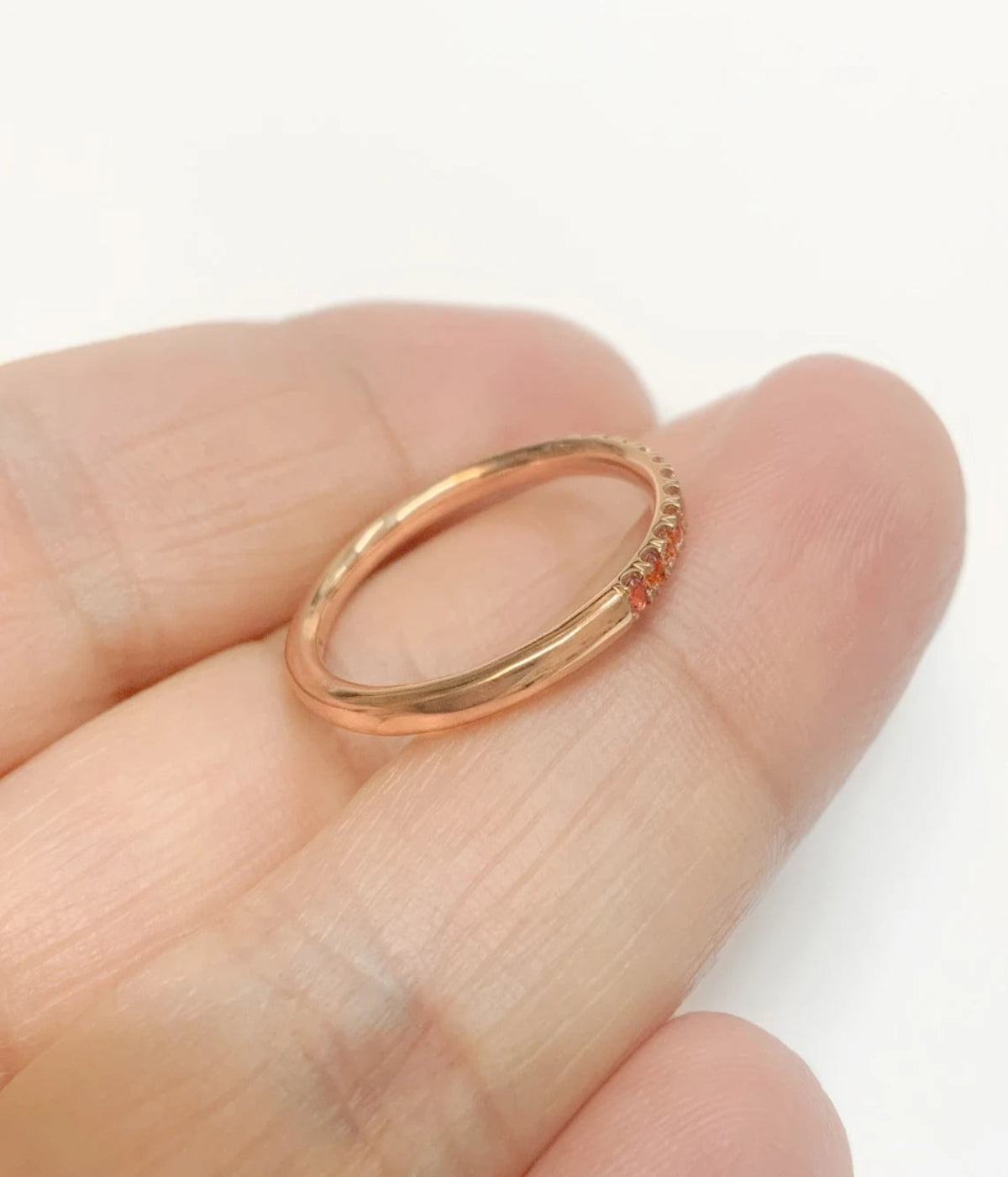 Padparadscha Half Eternity Ring | Pavé Wedding Band | 2mm Stacking September Birthstone Ring | Gold-Platinum