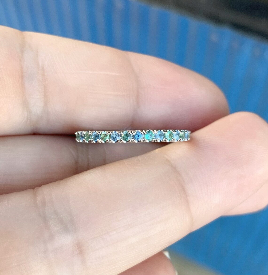 Alexandrite Aquamarine Pave Ring/ 2mm Full Eternity Alternating Alexandrite Aquamarine Wedding Band/Two Birthstone Anniversary Stacking Ring