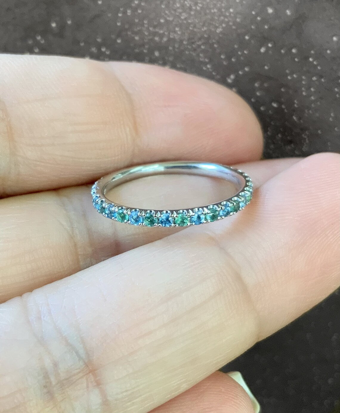 Alexandrite Aquamarine Pave Ring/ 2mm Full Eternity Alternating Alexandrite Aquamarine Wedding Band/Two Birthstone Anniversary Stacking Ring