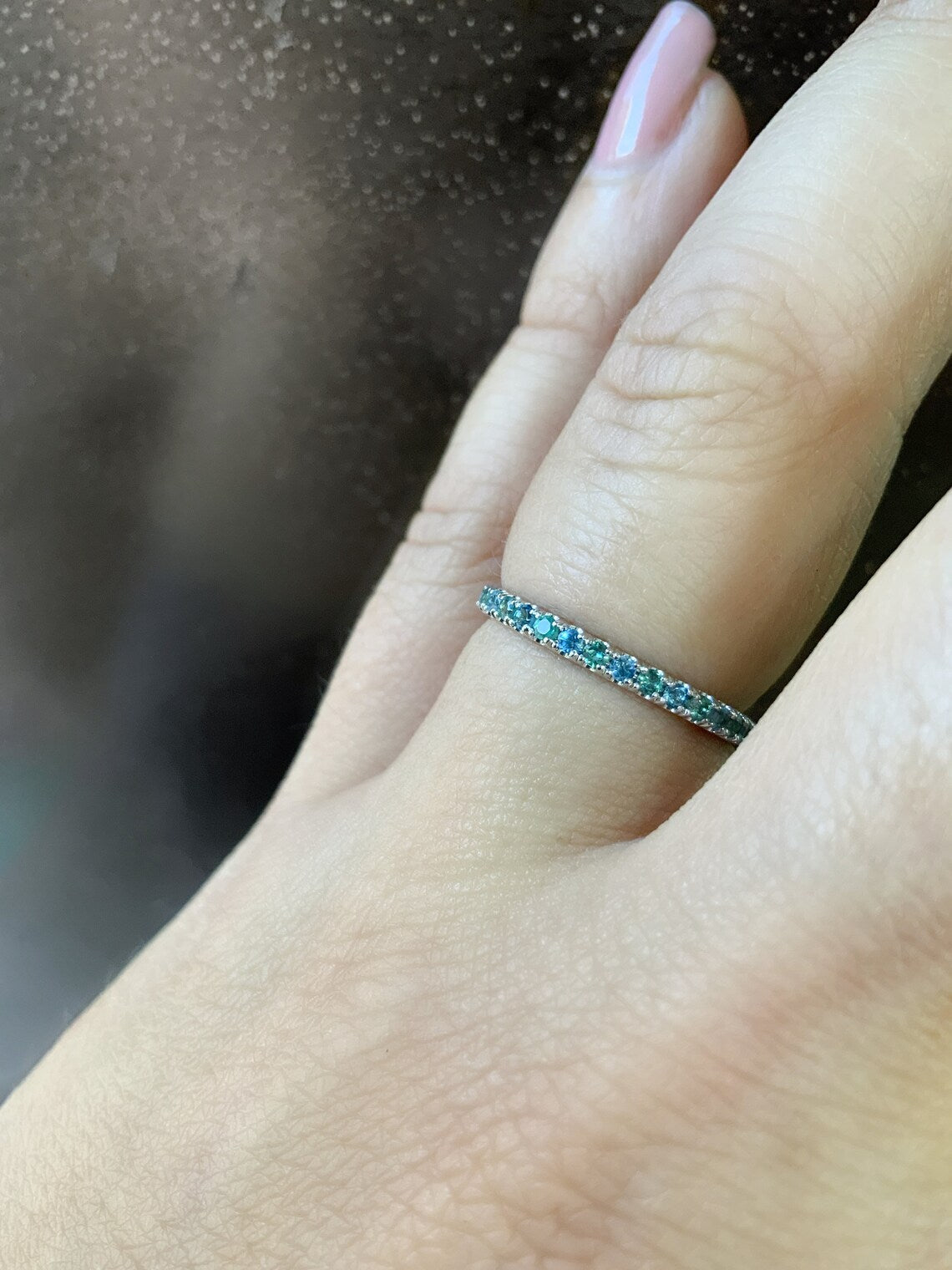 Alexandrite Aquamarine Pave Ring/ 2mm Full Eternity Alternating Alexandrite Aquamarine Wedding Band/Two Birthstone Anniversary Stacking Ring
