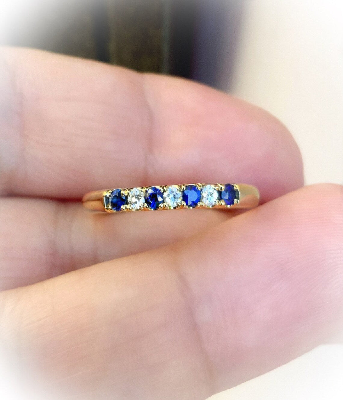 7 Stone Diamond Blue Sapphire Band/ 2.5mm Pave Alternating Blue Sapphire Diamond Anniversary Ring/ September April Birthstone Stacking Ring