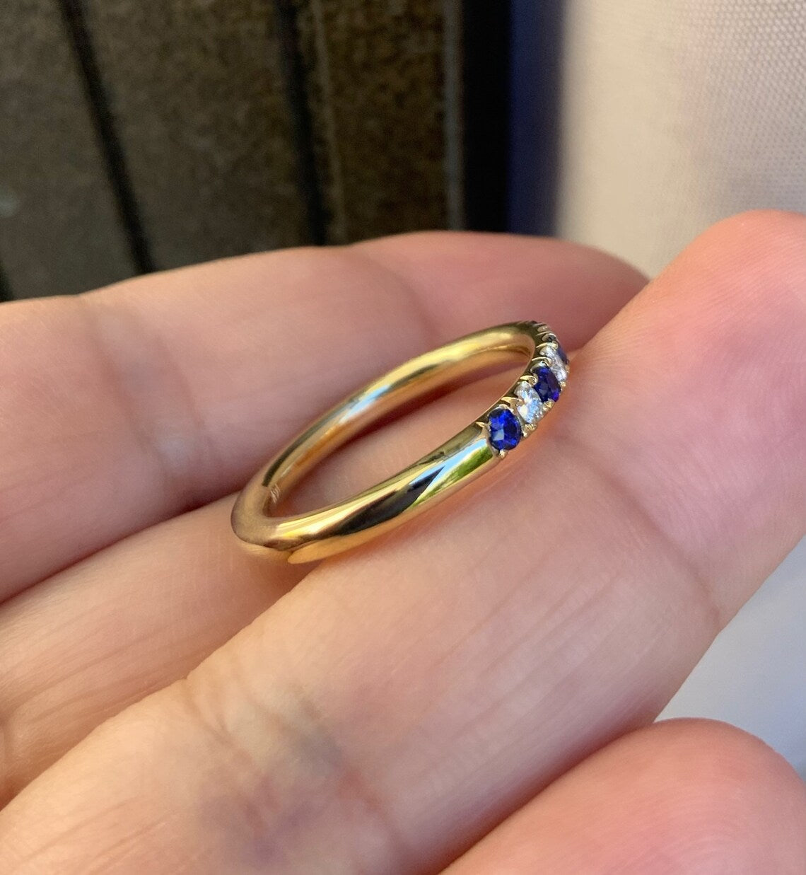7 Stone Diamond Blue Sapphire Band/ 2.5mm Pave Alternating Blue Sapphire Diamond Anniversary Ring/ September April Birthstone Stacking Ring