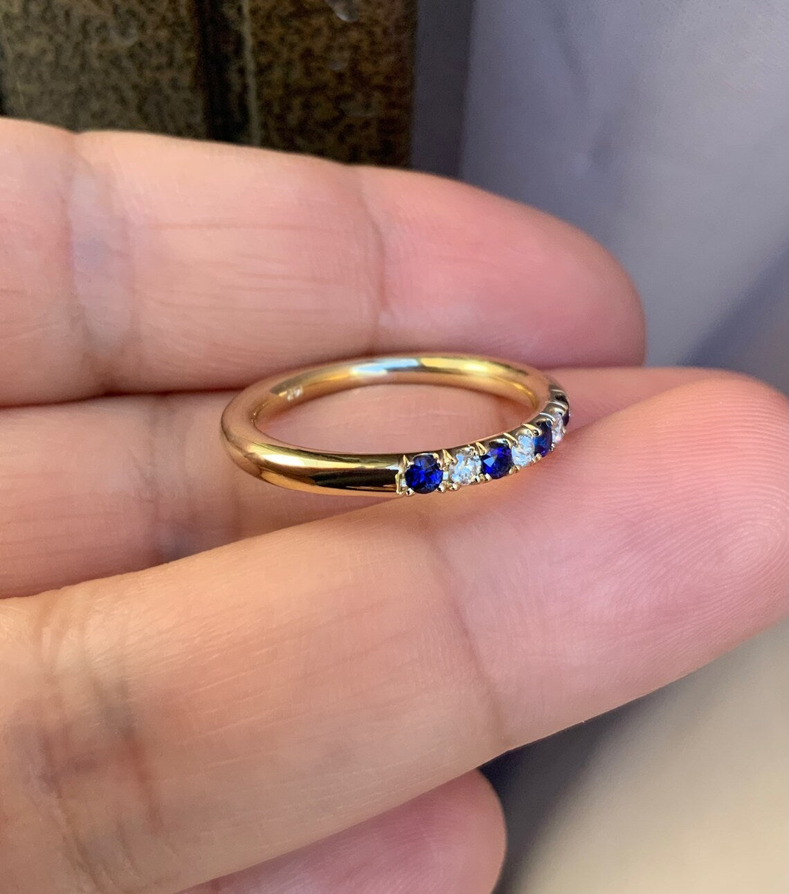 7 Stone Diamond Blue Sapphire Band/ 2.5mm Pave Alternating Blue Sapphire Diamond Anniversary Ring/ September April Birthstone Stacking Ring