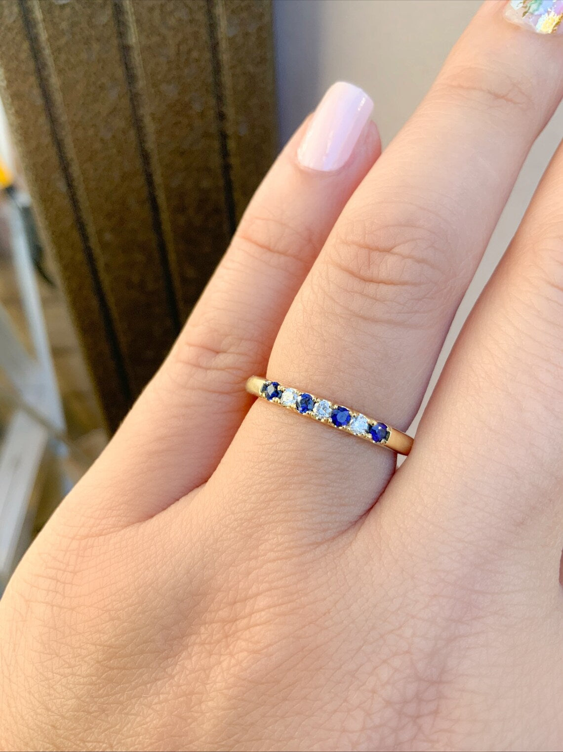7 Stone Diamond Blue Sapphire Band/ 2.5mm Pave Alternating Blue Sapphire Diamond Anniversary Ring/ September April Birthstone Stacking Ring