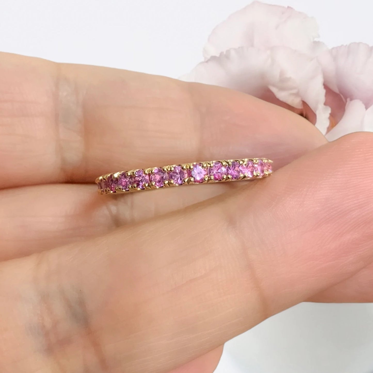 Pink Sapphire Full Eternity Ring | Pavé Wedding Band | Gold-Platinum | 2.3mm Stacking September Birthstone Ring