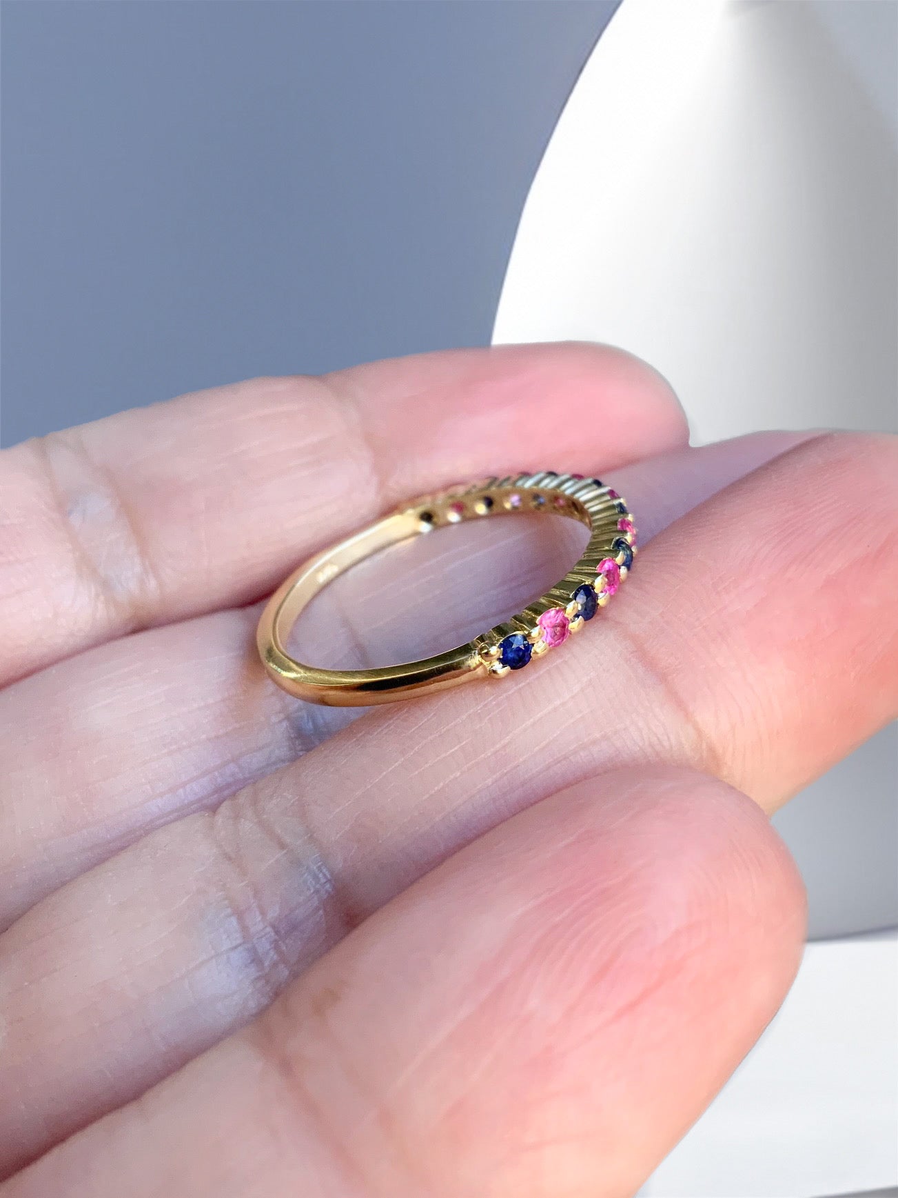 Pink Blue Sapphire Stacking Ring/ Shared Prong Sapphire 2mm Half Eternity Band/ Boy Girl Twin Ring Push Present/ 2 Birthstone Mother's Ring