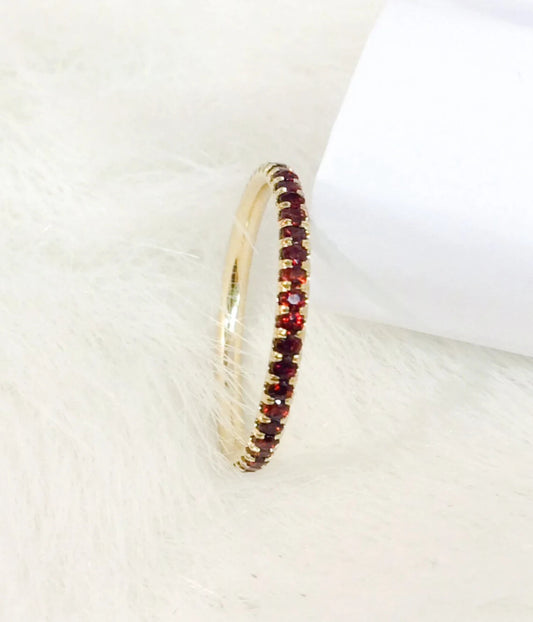 Garnet Eternity 1.7 MM Ring/ Full Pave Garnet Guard Ring/ Natural Garnet Wedding Band/ Garnet Infinity Band/ January Birthstone Stack Ring