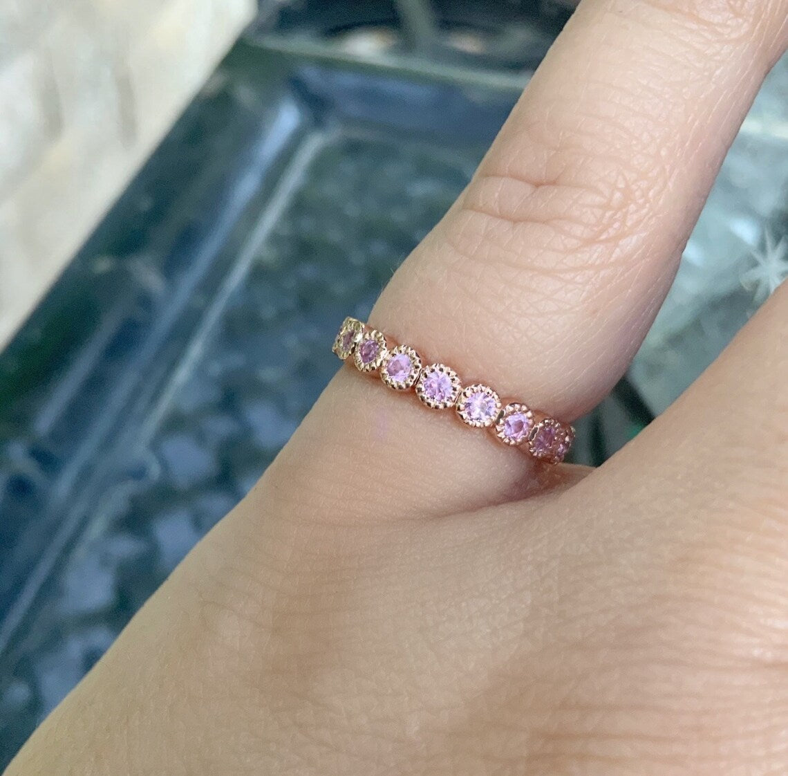 Solid Gold Pink Sapphire Milgrain Bezel Ring (3mm) - September Birthstone