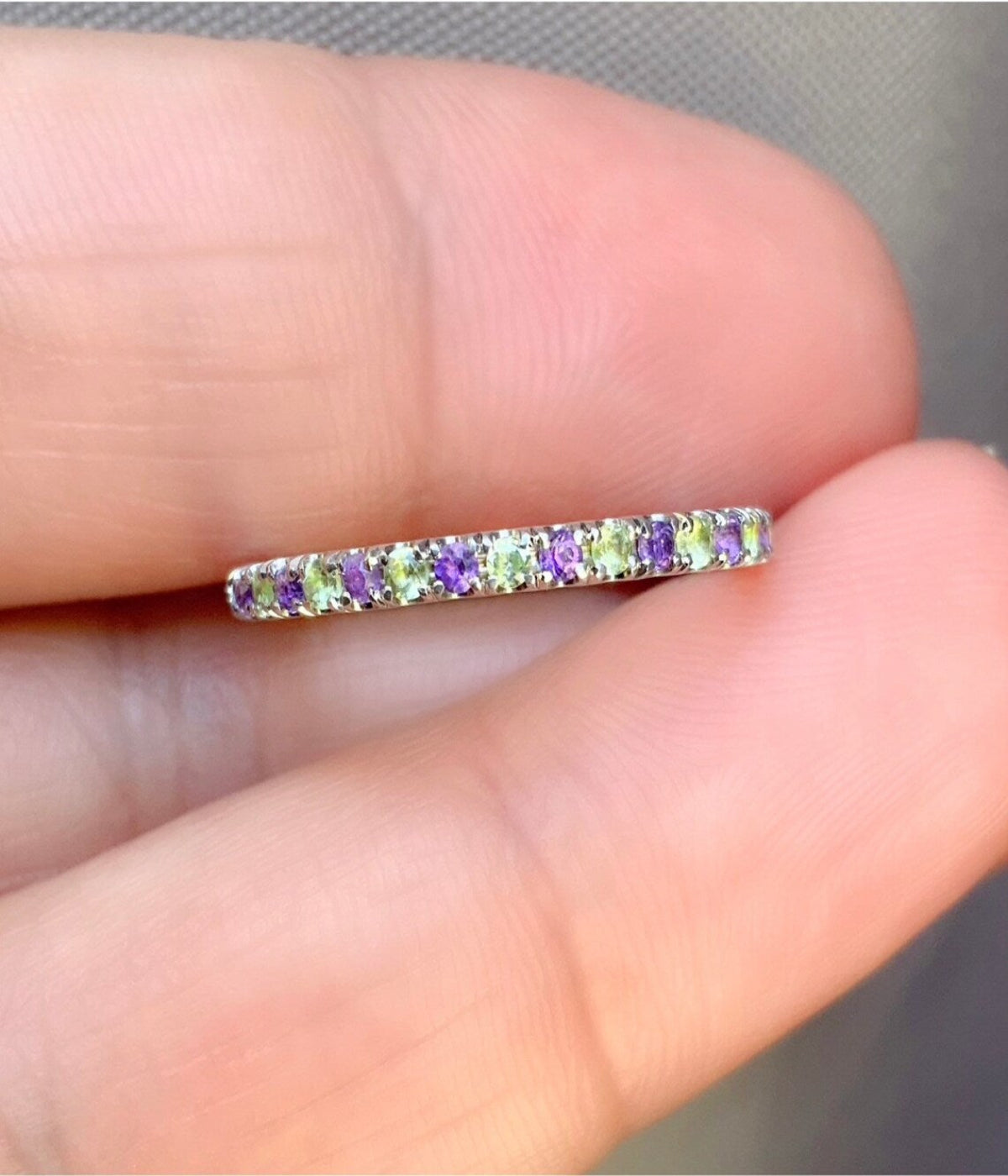 Amethyst & Peridot Eternity Band - 2mm Pave Stacking Ring (Solid Gold, Platinum)