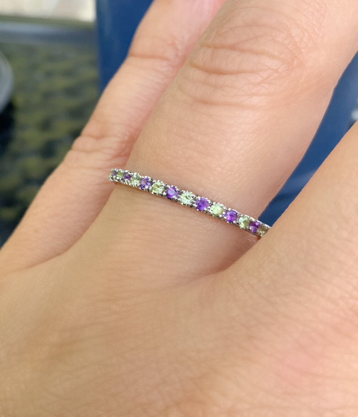 Amethyst & Peridot Eternity Band - 2mm Pave Stacking Ring (Solid Gold, Platinum)
