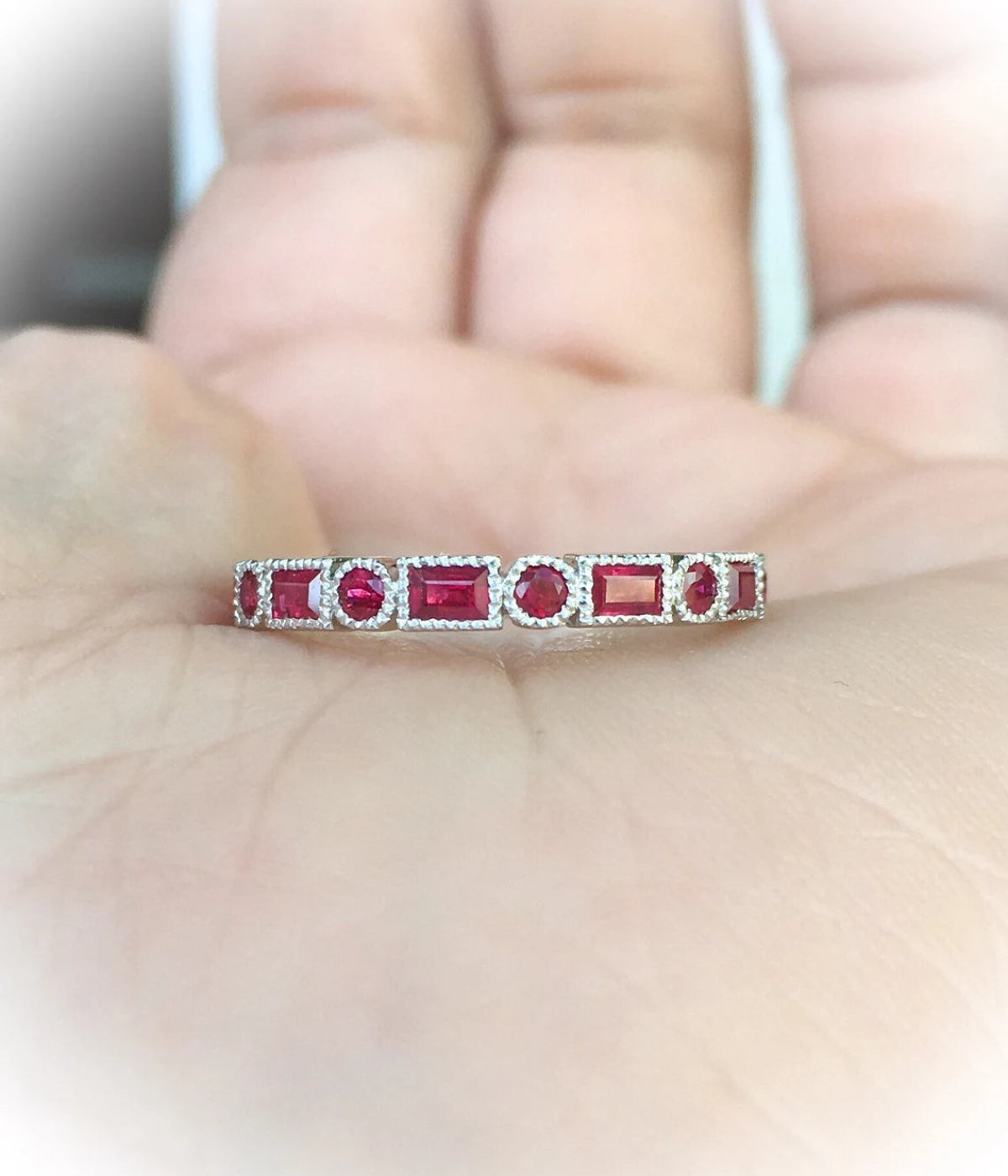 Ruby Band Baguette Dot Ruby Ring Baguette and Round Wedding Band Ruby Vintage Bezel Ring Art Deco Baguette Dot Ruby Matching Ring Ruby Stack