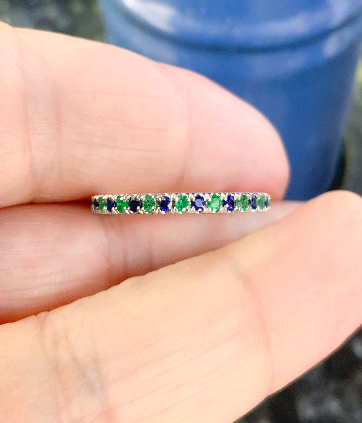 Emerald & Sapphire Half Eternity Band Ring - 14K Gold, 18K Gold, Platinum