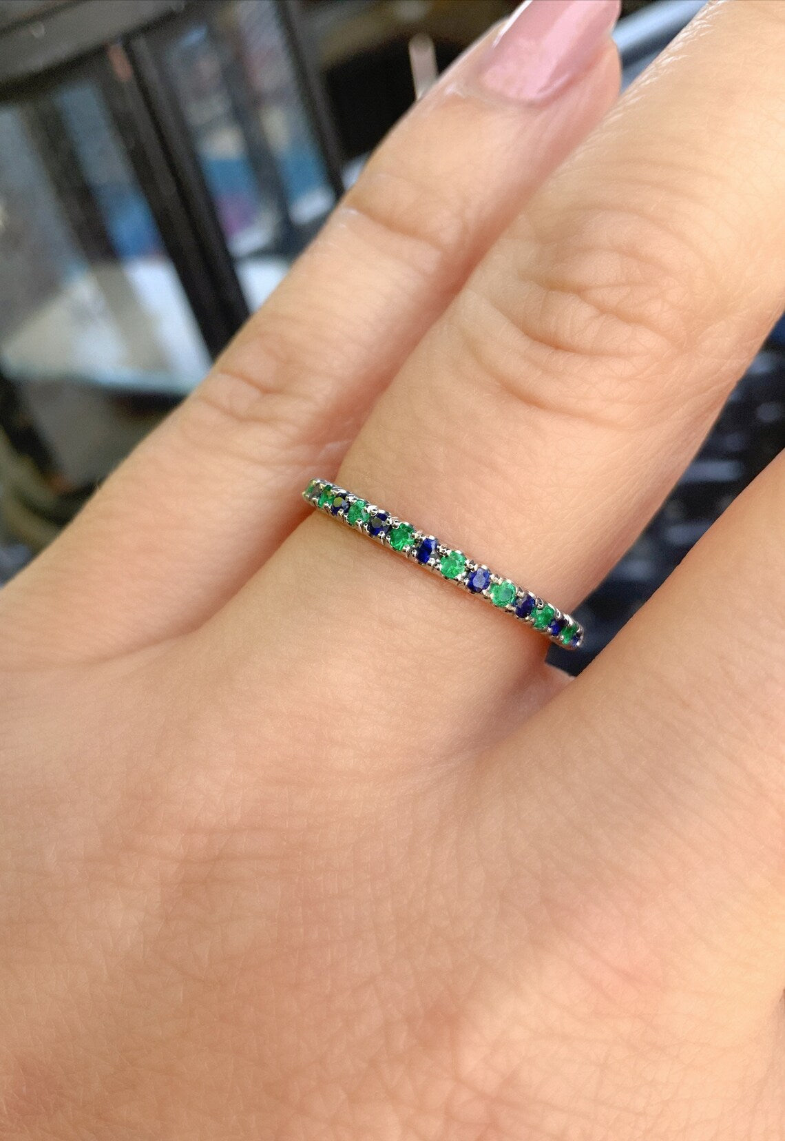 Emerald & Sapphire Half Eternity Band Ring - 14K Gold, 18K Gold, Platinum