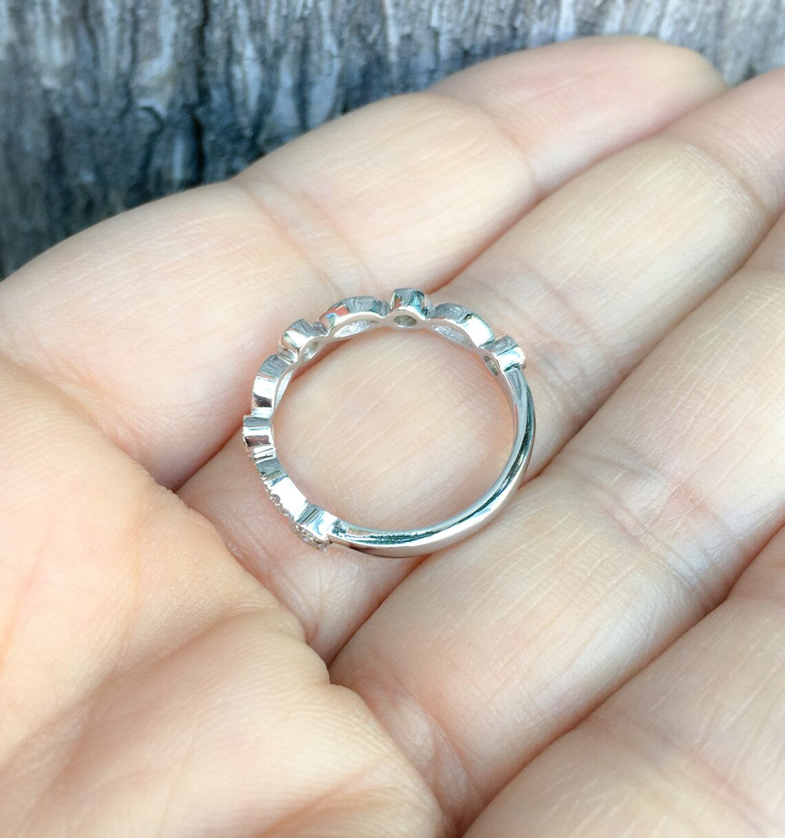 Marquise Dot Aquamarine Diamond Women's Eternity 3 MM Ring/ Diamond Aquamarine Milgrain Unique Wedding Band Stacking/ Solid Gold or Platinum