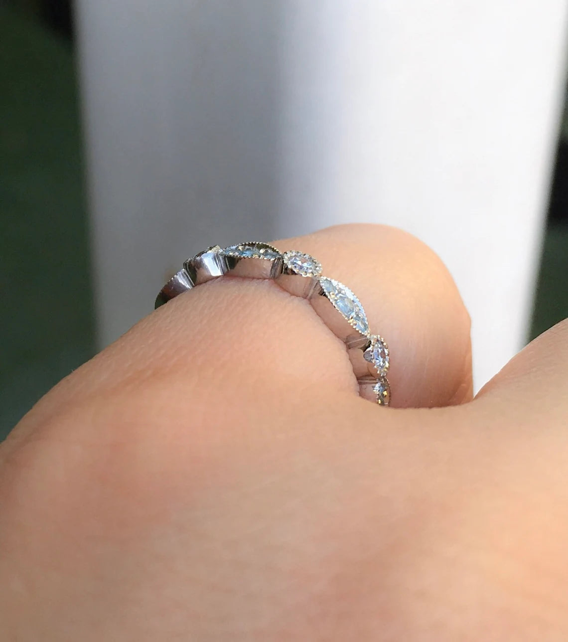 Marquise Dot Aquamarine Diamond Women's Eternity 3 MM Ring/ Diamond Aquamarine Milgrain Unique Wedding Band Stacking/ Solid Gold or Platinum