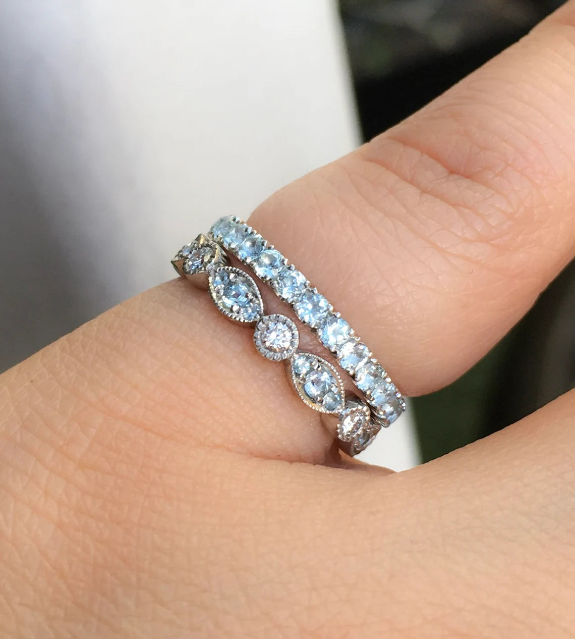 Marquise Dot Aquamarine Diamond Women's Eternity 3 MM Ring/ Diamond Aquamarine Milgrain Unique Wedding Band Stacking/ Solid Gold or Platinum