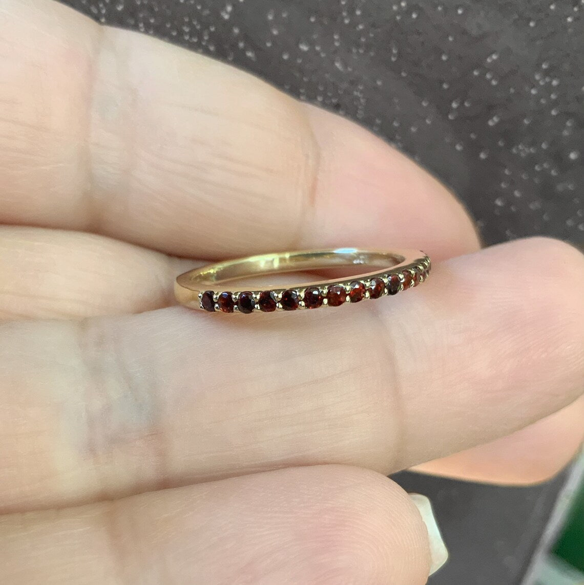 Garnet Half Eternity Ring/ 1.75 mm Garnet 2nd Wedding Anniversary Ring/ Surface Shared Prong Set Garnet Band/ January Birthstone Stack Band