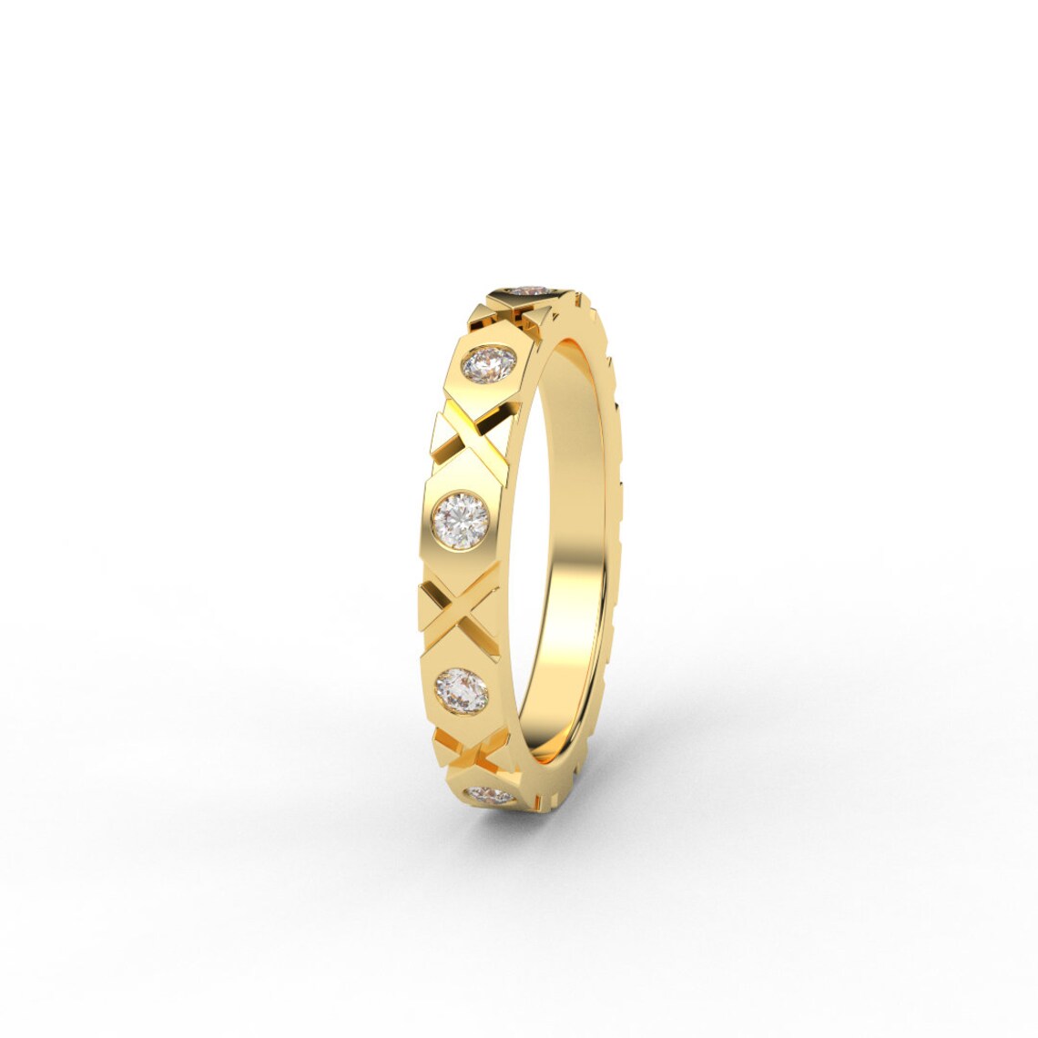 XO Ring with Lab Grown Diamonds/ 3mm Unisex Wedding Diamond Band/ XO Flush Set Infinity Diamond Stacking Ring/ 10K, 14K, 18K or Platinum