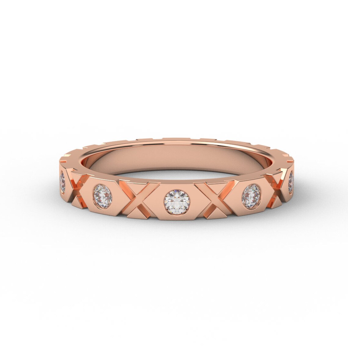 XO Ring with Lab Grown Diamonds/ 3mm Unisex Wedding Diamond Band/ XO Flush Set Infinity Diamond Stacking Ring/ 10K, 14K, 18K or Platinum