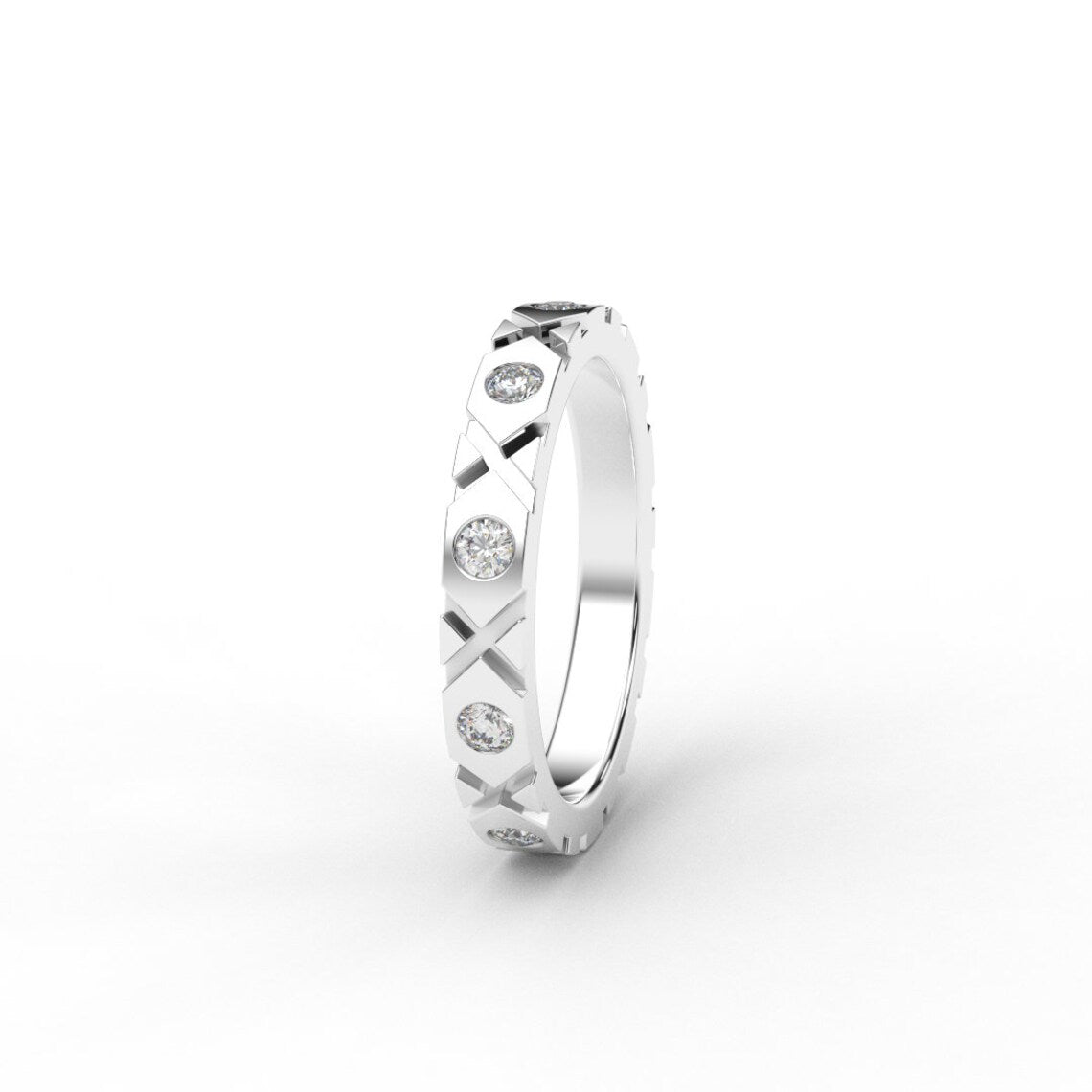 XO Ring with Lab Grown Diamonds/ 3mm Unisex Wedding Diamond Band/ XO Flush Set Infinity Diamond Stacking Ring/ 10K, 14K, 18K or Platinum