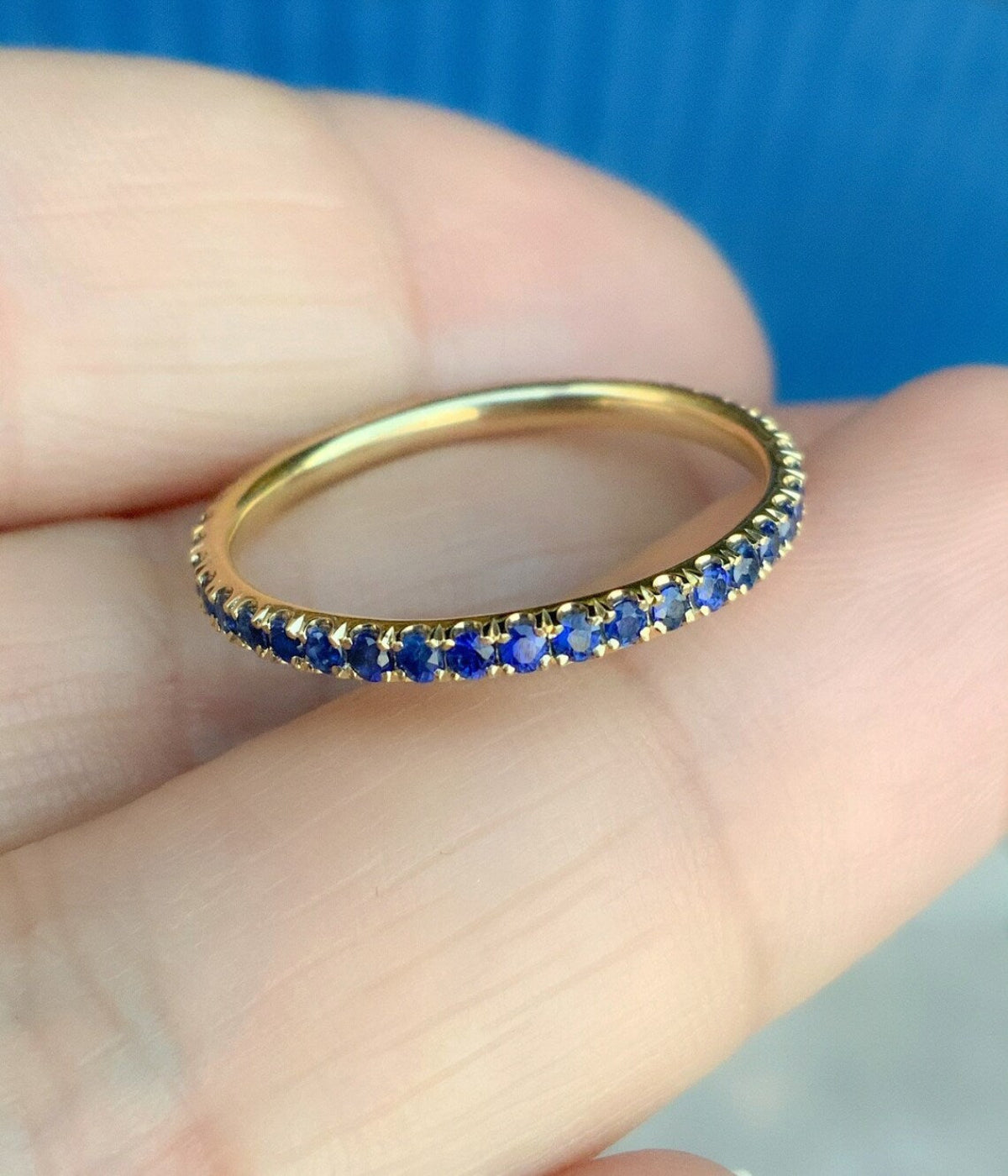 Solid Gold Sapphire Eternity Band - 2mm Pave Blue Sapphire Wedding Ring