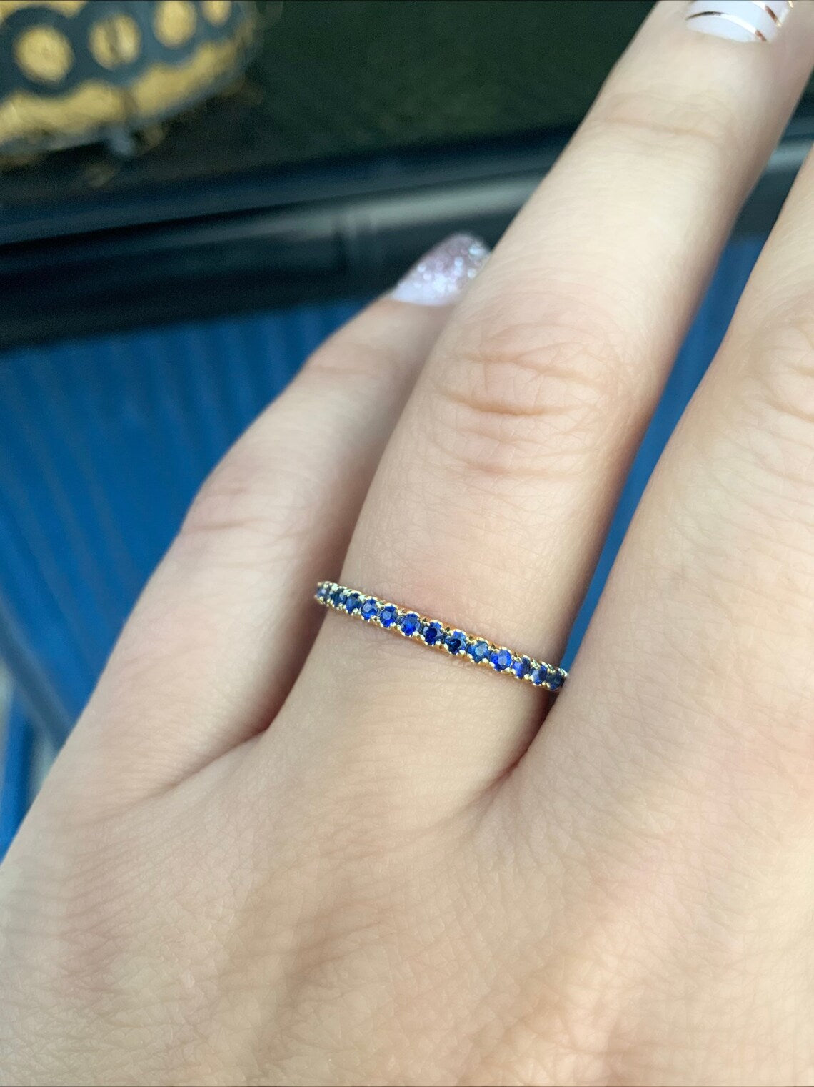 Solid Gold Sapphire Eternity Band - 2mm Pave Blue Sapphire Wedding Ring