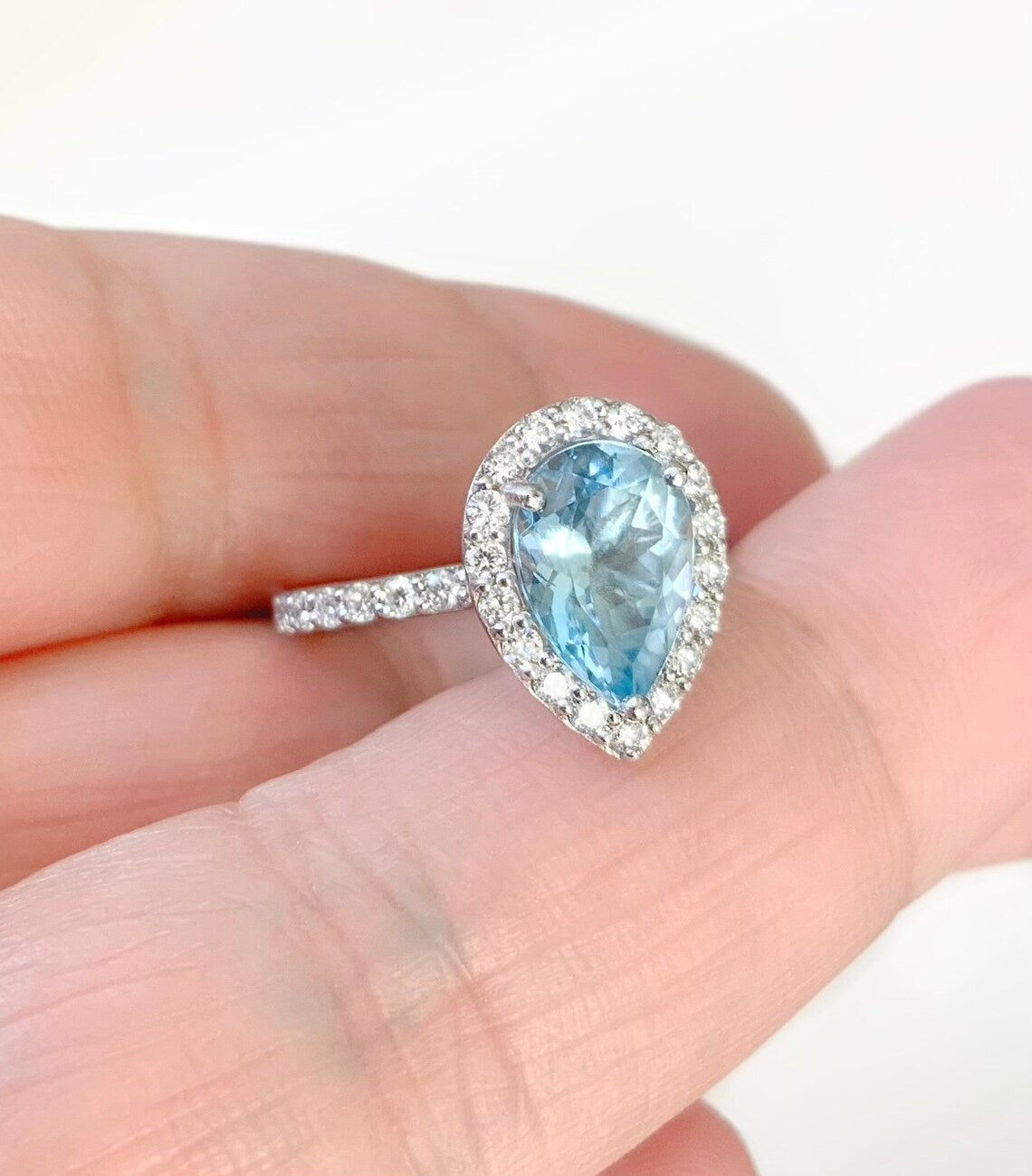 Pear Shape Aquamarine Engagement Ring with Diamond Halo - 1.6 Carat (14K/18K Gold or Platinum)
