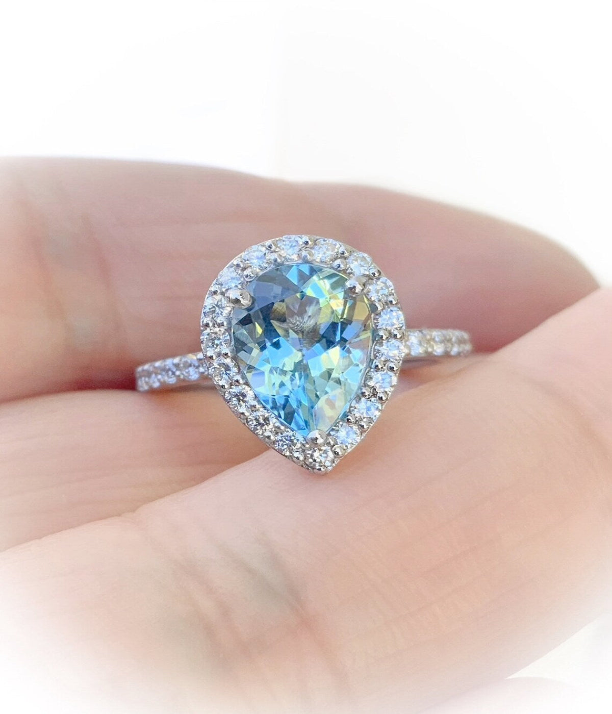 Pear Shape Aquamarine Engagement Ring with Diamond Halo - 1.6 Carat (14K/18K Gold or Platinum)