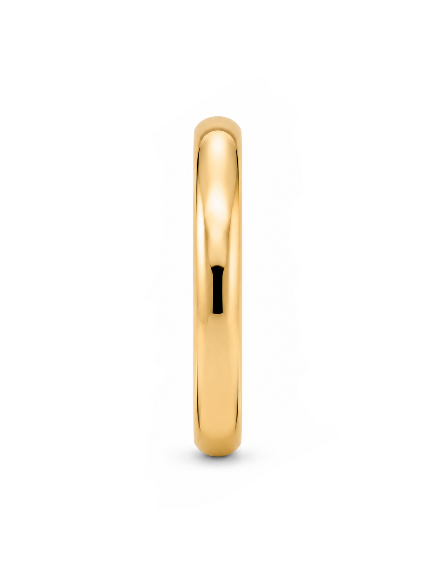 A polished yellow gold band ring shown in a side profile view against a clean white background.
