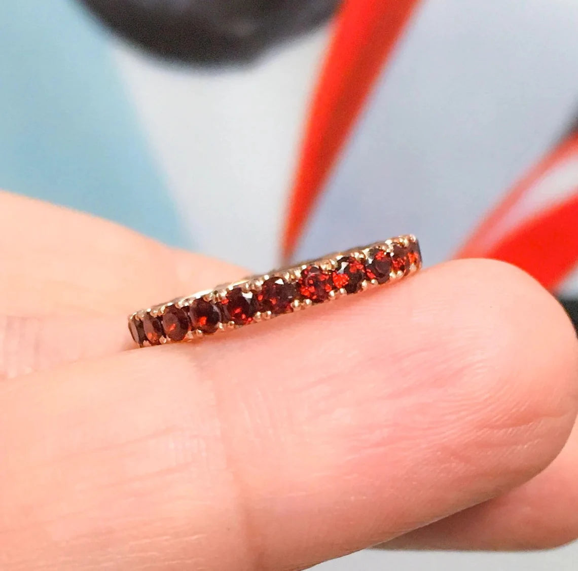 Garnet Pave Eternity Band/ 2.5mm Stacking Ring/ Garnet Infinity Wedding Anniversary Ring/ January Birthstone Ring/ 10K, 14K, 18K, Platinum