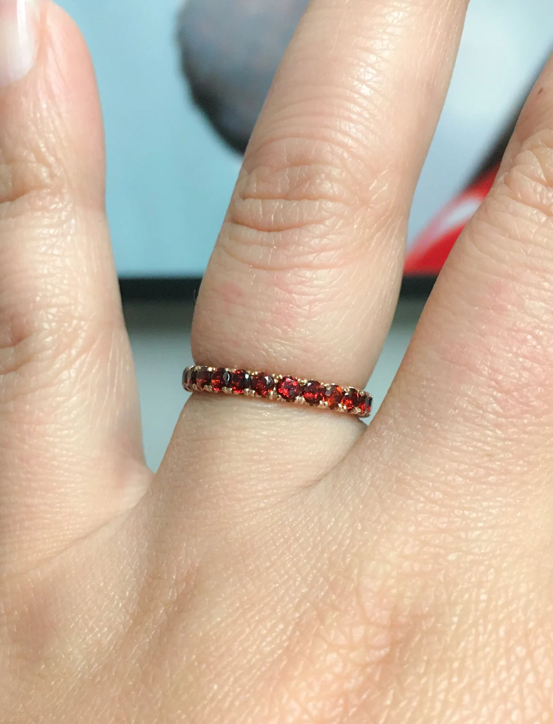 Garnet Pave Eternity Band/ 2.5mm Stacking Ring/ Garnet Infinity Wedding Anniversary Ring/ January Birthstone Ring/ 10K, 14K, 18K, Platinum