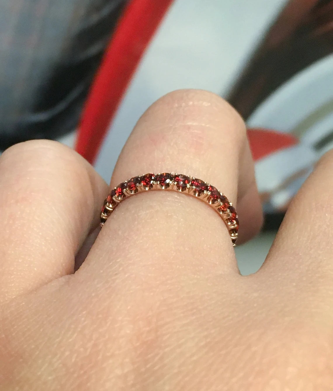 Garnet Pave Eternity Band/ 2.5mm Stacking Ring/ Garnet Infinity Wedding Anniversary Ring/ January Birthstone Ring/ 10K, 14K, 18K, Platinum