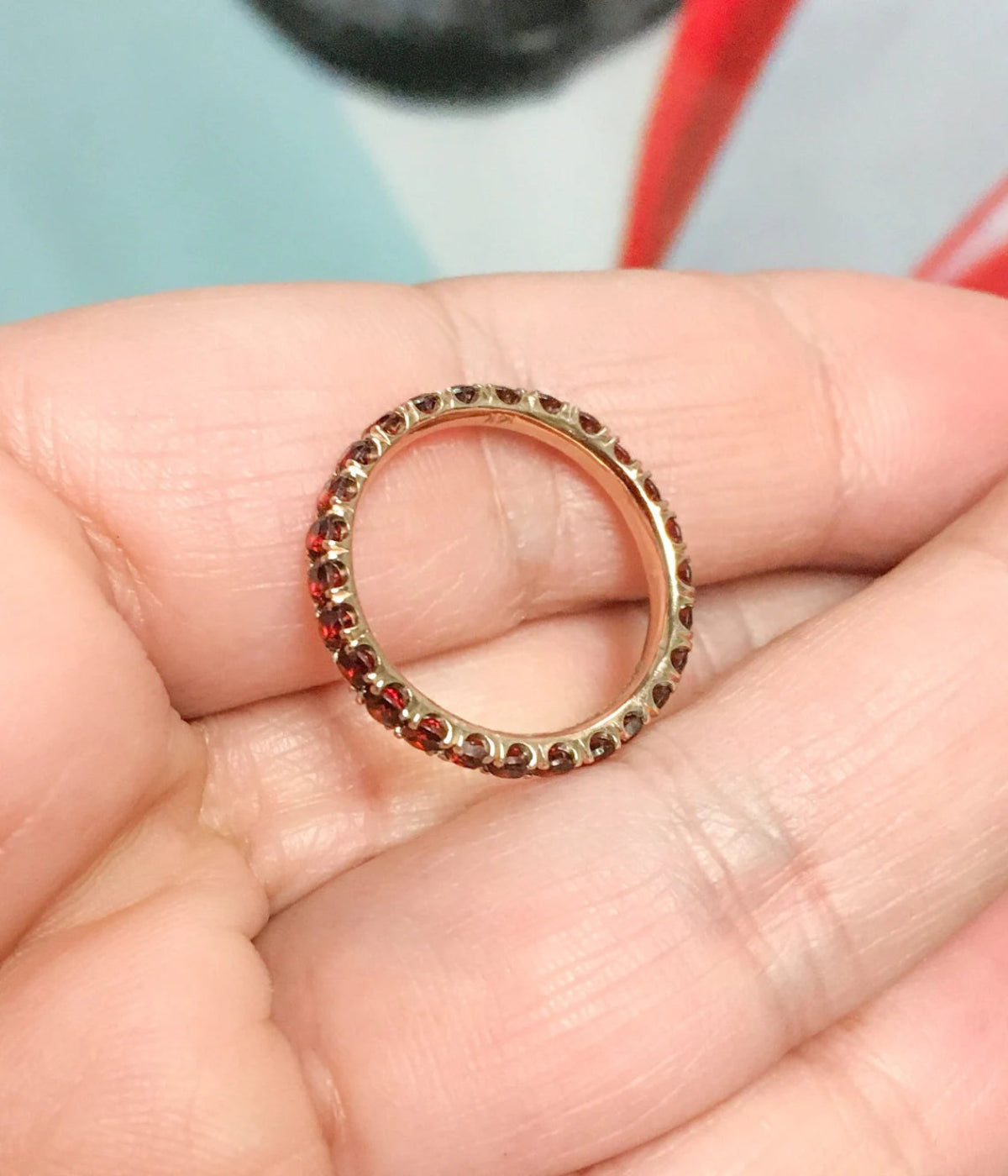 Garnet Pave Eternity Band/ 2.5mm Stacking Ring/ Garnet Infinity Wedding Anniversary Ring/ January Birthstone Ring/ 10K, 14K, 18K, Platinum