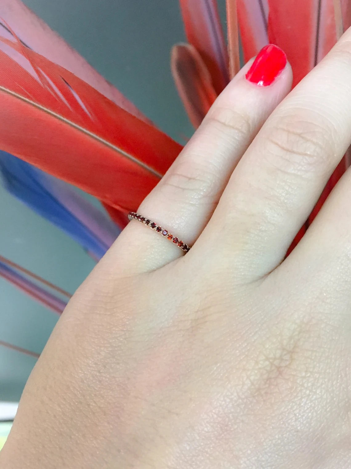 Garnet Eternity Stacking Ring: 1.5mm Pave Wedding Anniversary Band, January Birthstone Ring