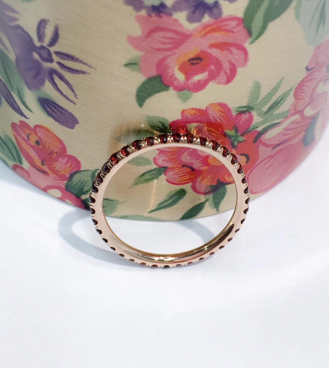 Garnet Eternity Stacking Ring: 1.5mm Pave Wedding Anniversary Band, January Birthstone Ring