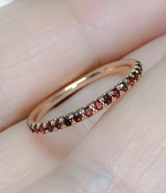 Garnet Eternity Stacking Ring: 1.5mm Pave Wedding Anniversary Band, January Birthstone Ring
