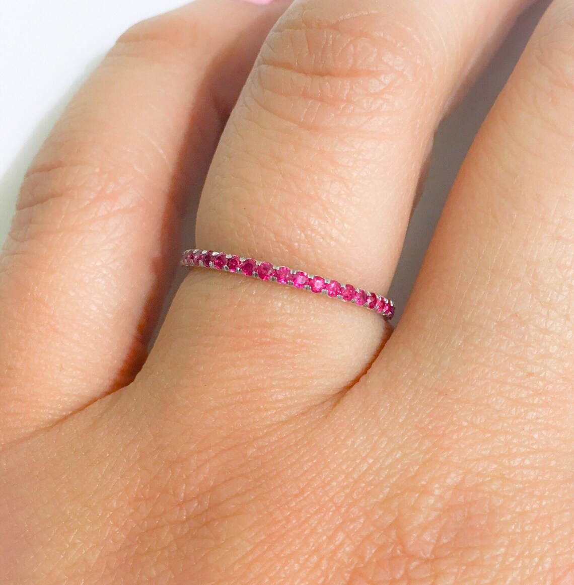 Ruby Stacking Ring/ 1.8mm Full Eternity Pave Ruby Band/ Wedding Anniversary Gemstone Infinity Ring/ July Birthstone Ring/ Push Present