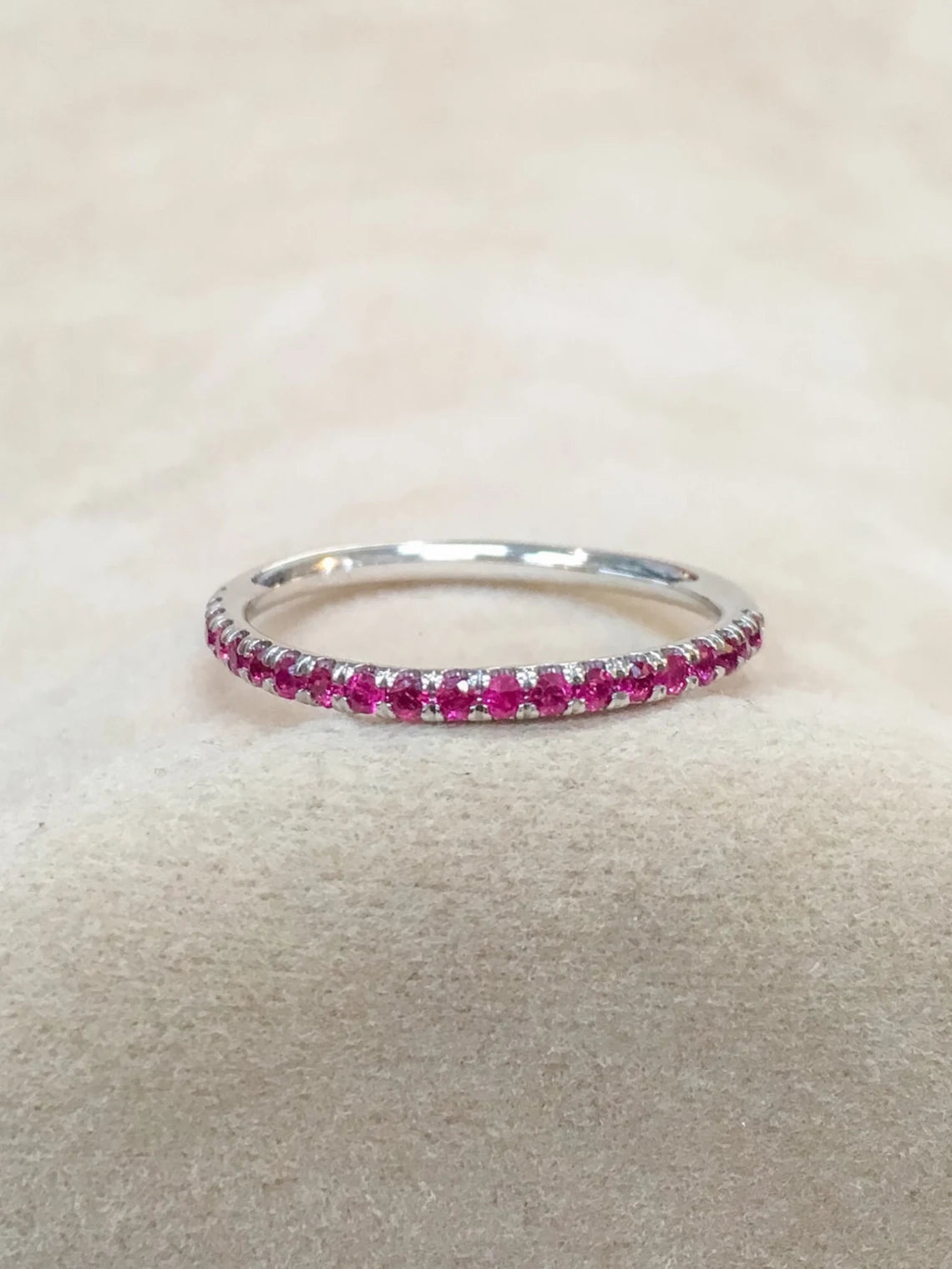 Ruby Half Eternity Stacking Ring: 1.8mm Pave Wedding Anniversary Band, July Birthstone Ring