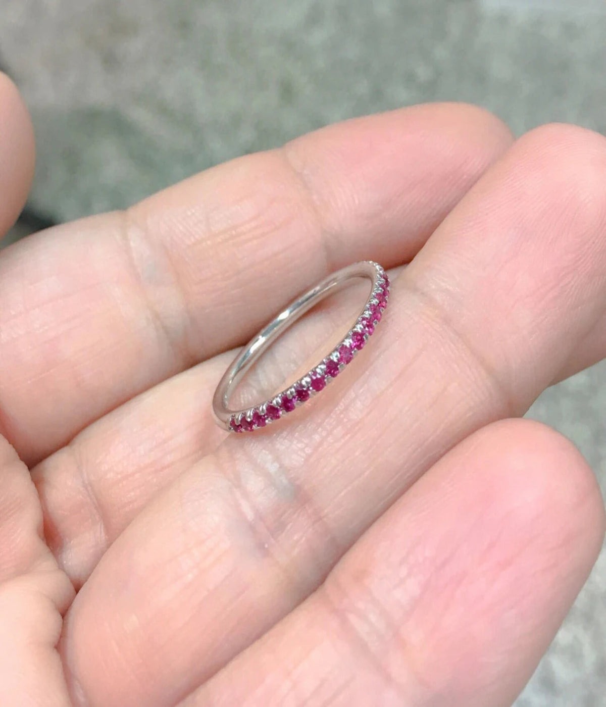 Ruby Half Eternity Stacking Ring: 1.8mm Pave Wedding Anniversary Band, July Birthstone Ring