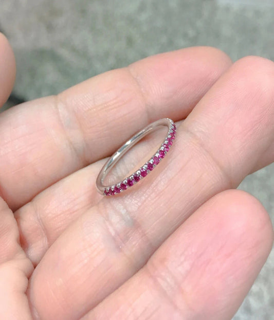 Ruby Half Eternity Stacking Ring: 1.8mm Pave Wedding Anniversary Band, July Birthstone Ring