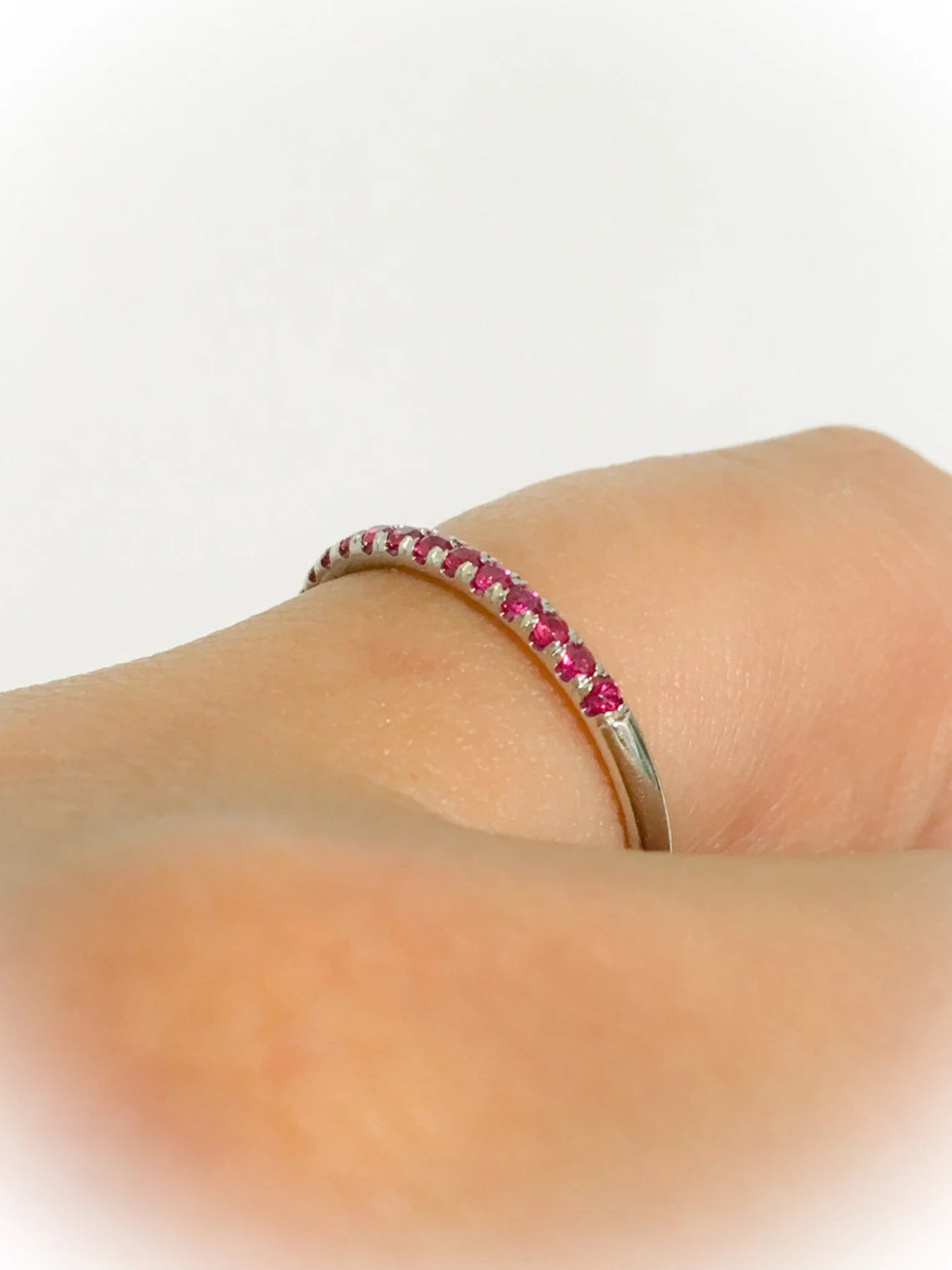 Ruby Half Eternity Stacking Ring: 1.8mm Pave Wedding Anniversary Band, July Birthstone Ring