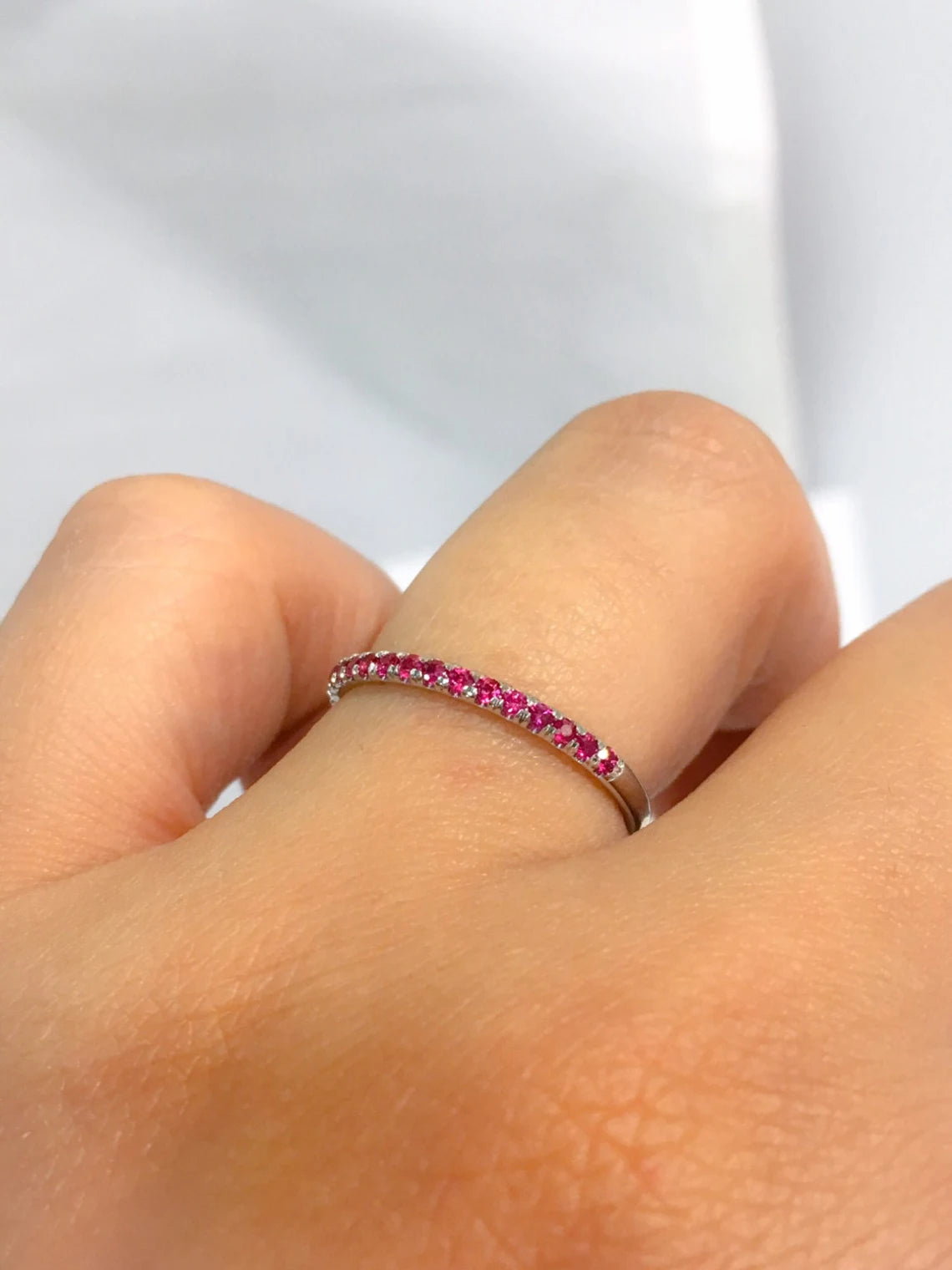 Ruby Half Eternity Stacking Ring: 1.8mm Pave Wedding Anniversary Band, July Birthstone Ring